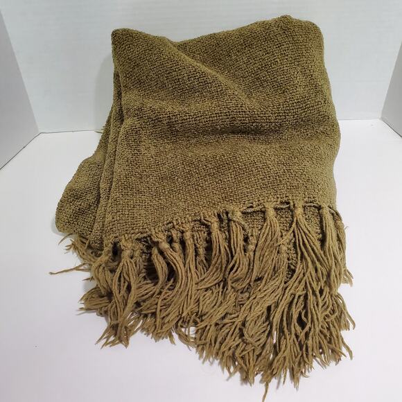 Pottery Barn Nubby Chenille Throw Olive Green Fringe 58x50 Sofa Chair Blanket - Picture 11 of 13